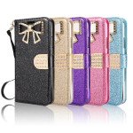 Wholesale Ribbon Bow Crystal Diamond Wallet Case for Apple iPhone SE 2022 / 2020 / 8 / 7 (Black)